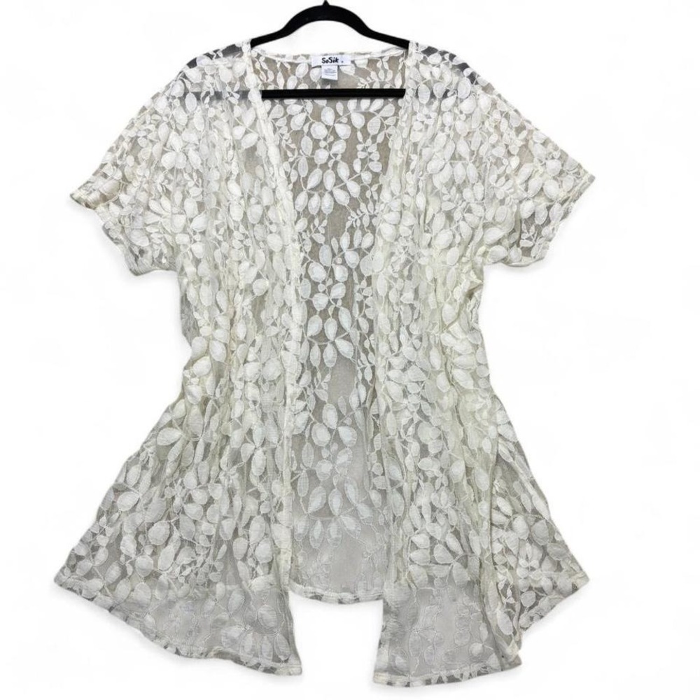 SoSik Sheer floral lace cream cotton blend kimono cardigan short sleeve size 1X